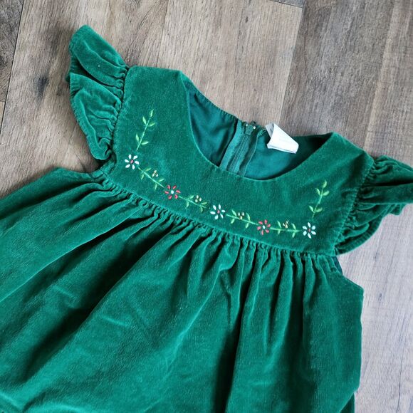 Vintage Green Velvet Toddler Dress Embroidered Flowers Ruffle Hem 90s Size 4 - Picture 6 of 7